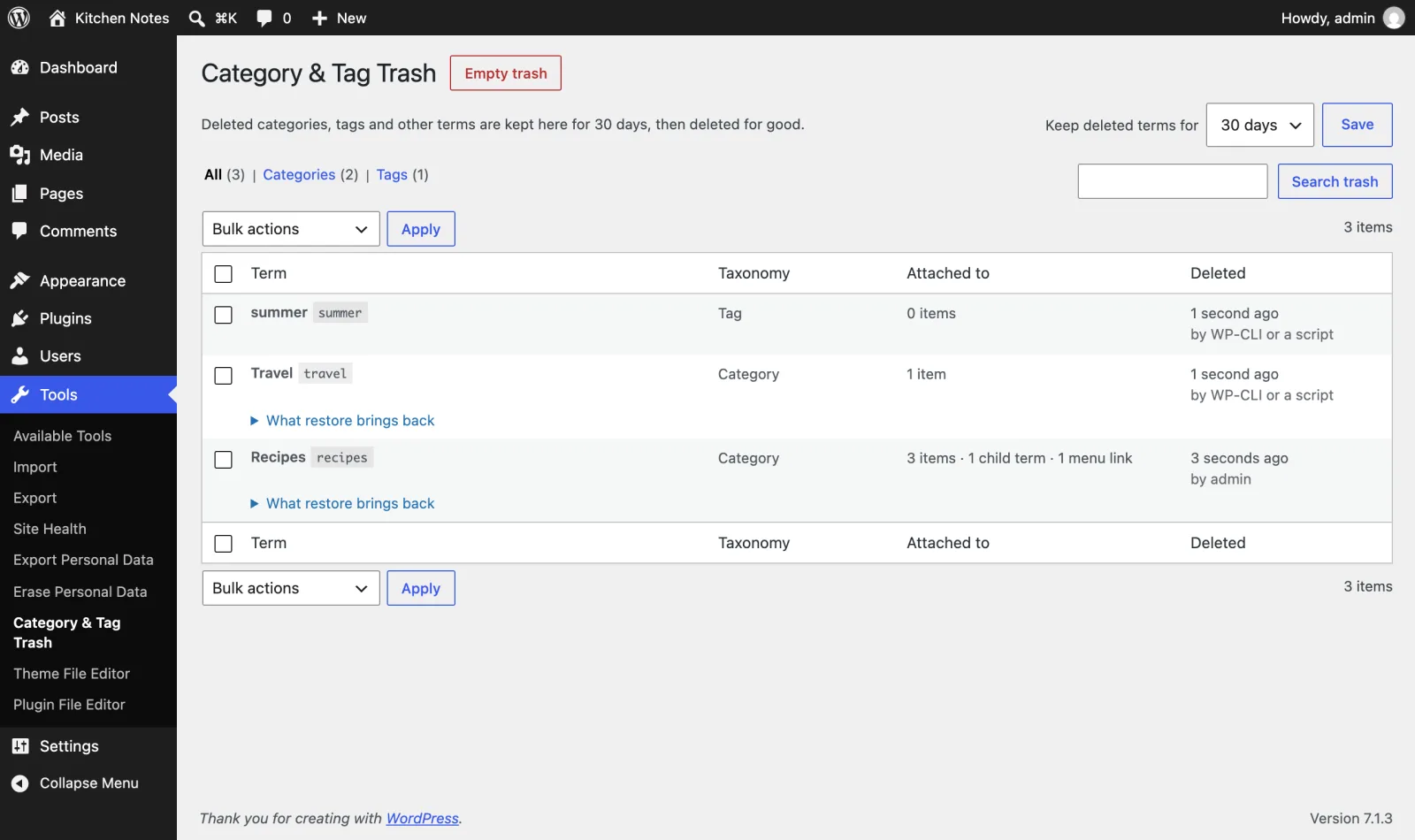 Tools > Category & Tag Trash
