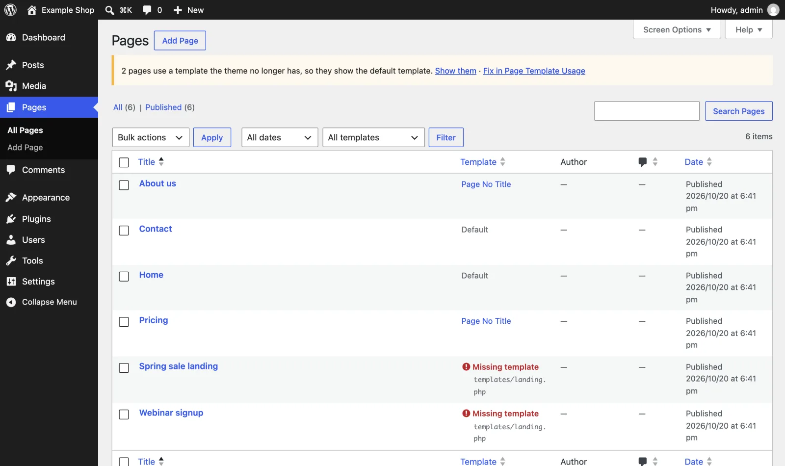 The Template column and filter on the Pages screen