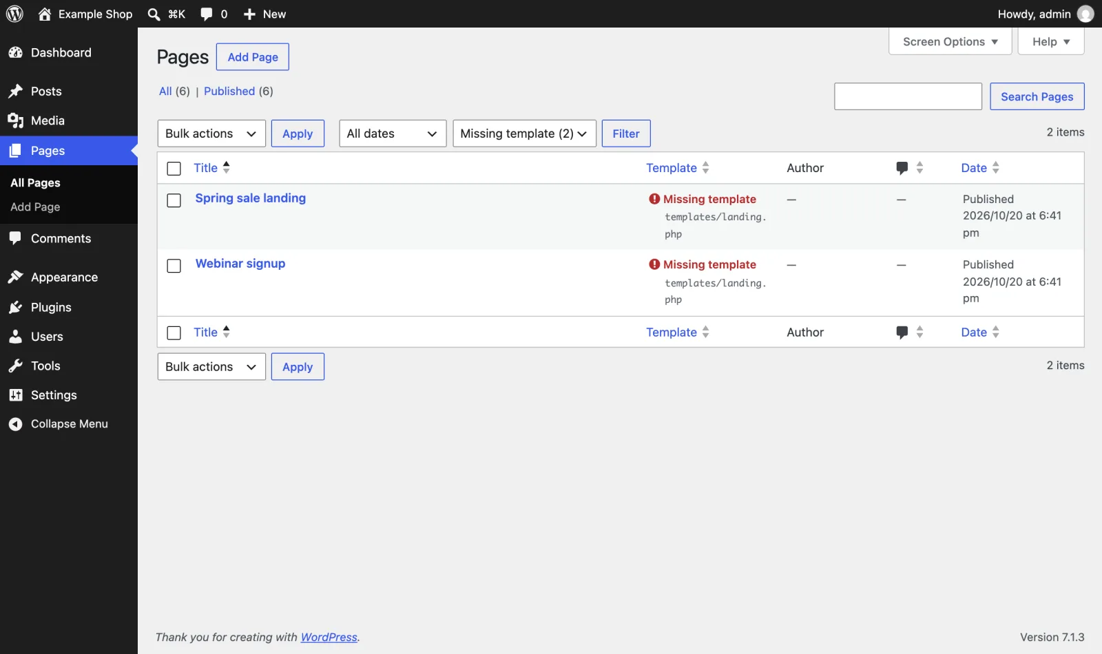 A page whose template no longer exists