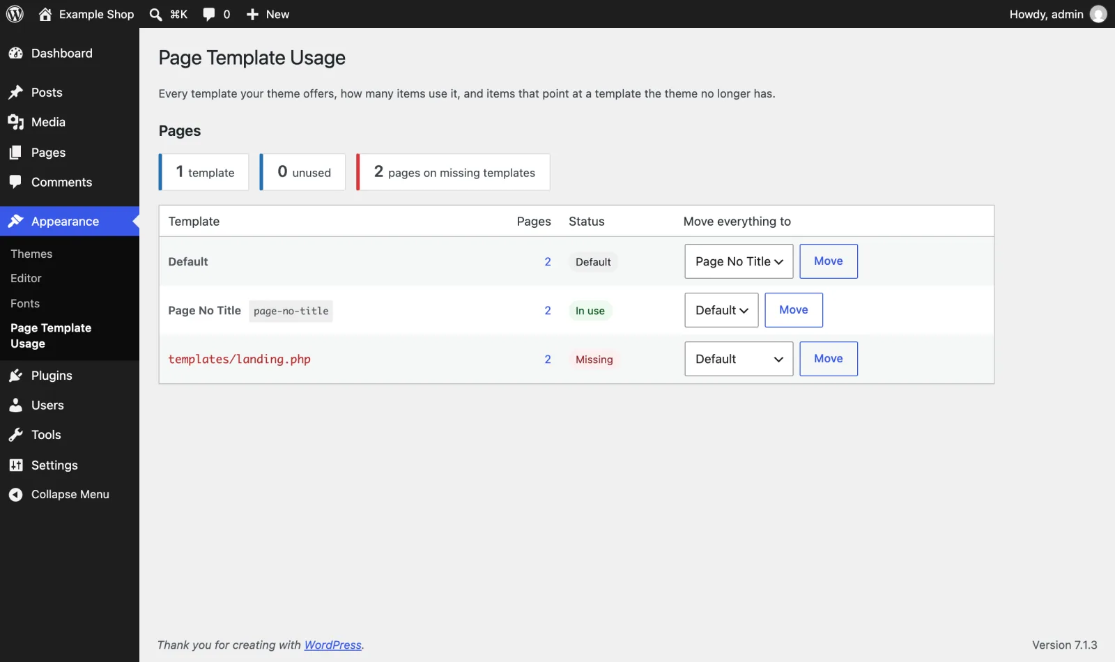 Appearance > Page Template Usage