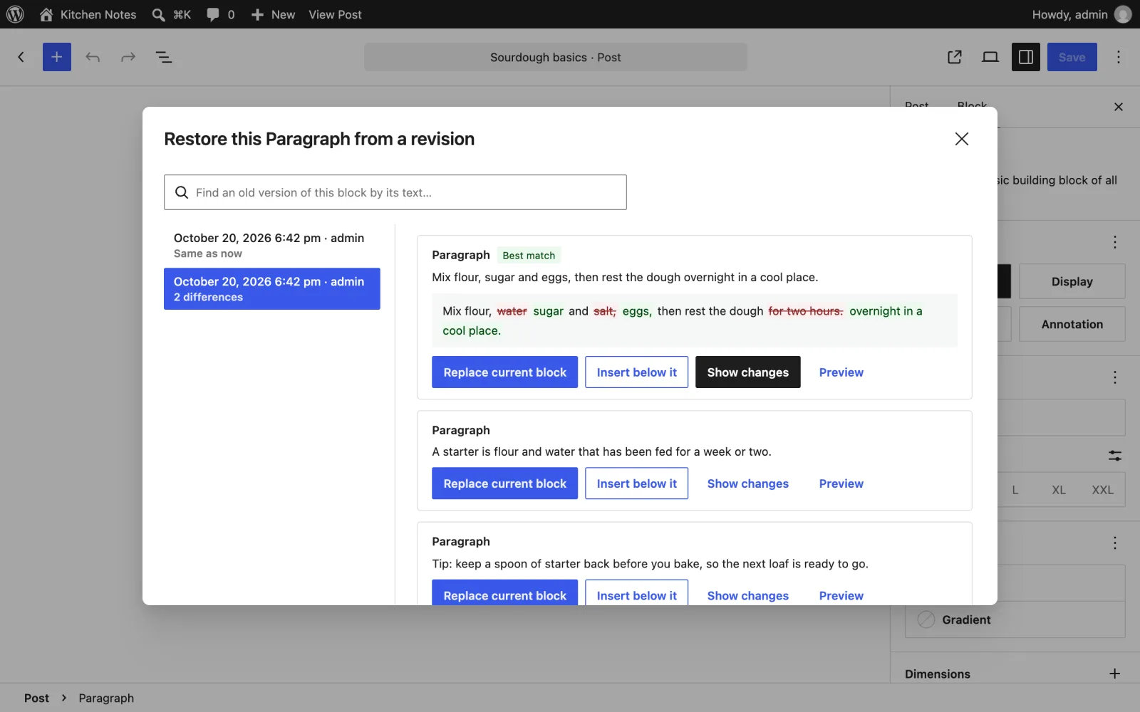 Picking an earlier version of one block, with its changes highlighted