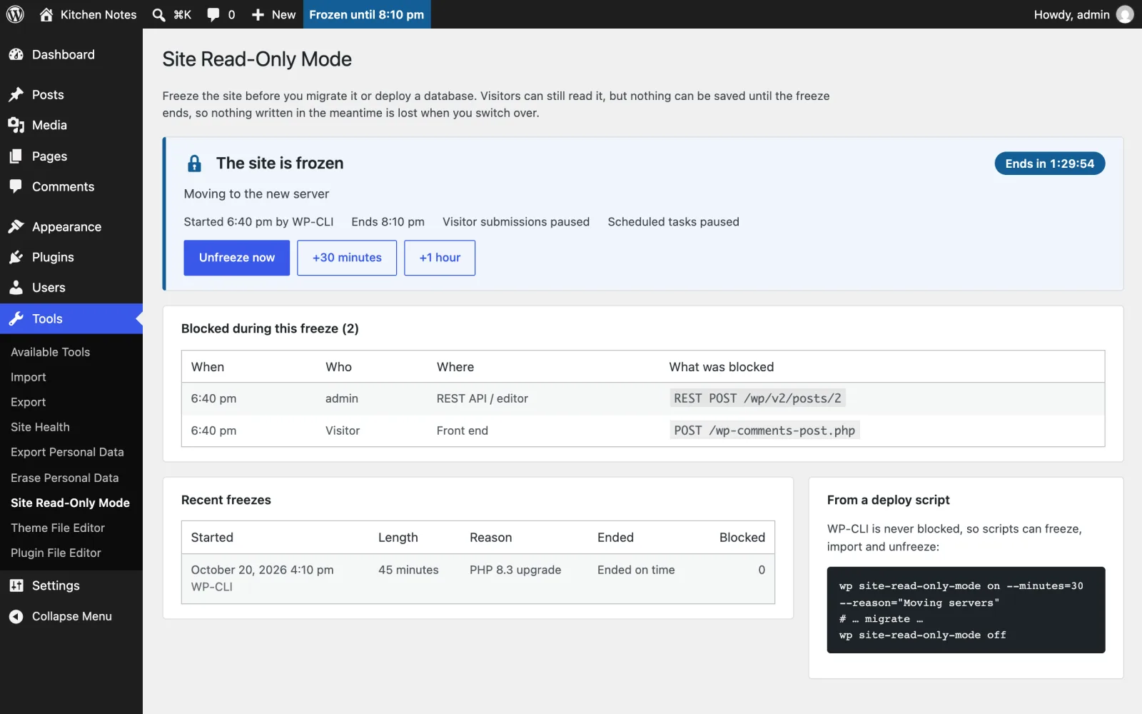 Tools > Site Read-Only Mode during a freeze, with countdown and blocked attempts