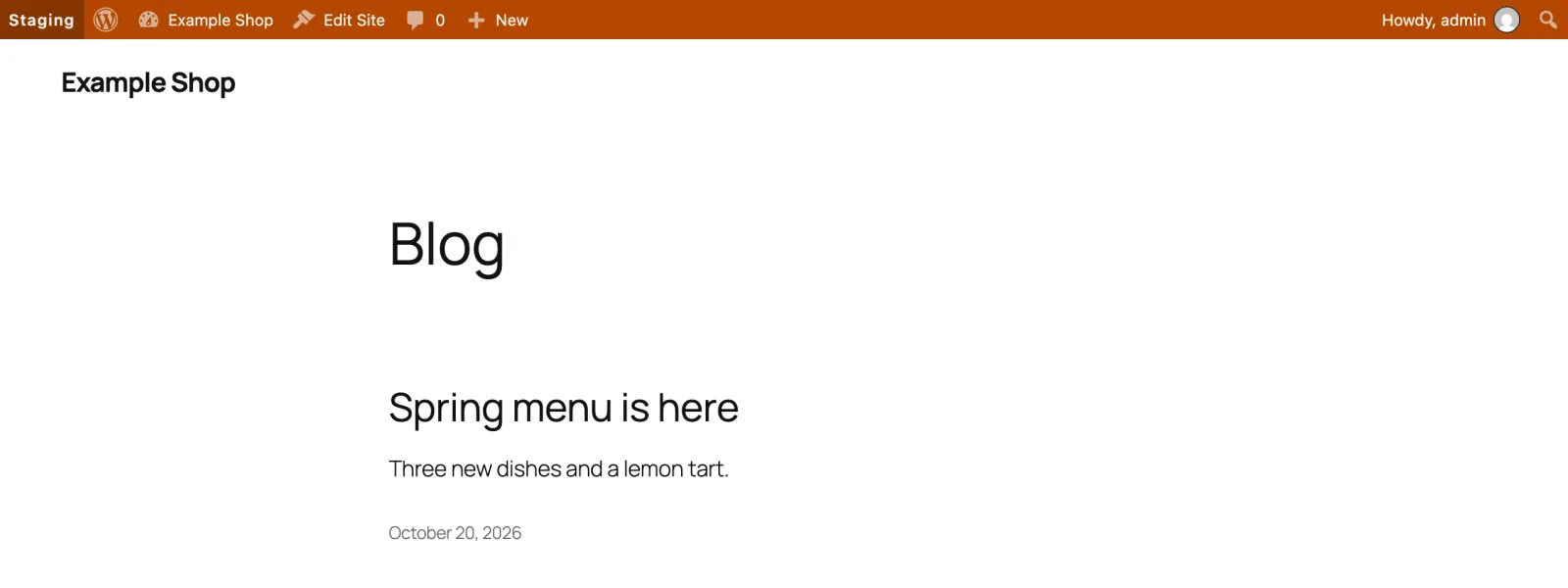The coloured admin bar on a staging copy