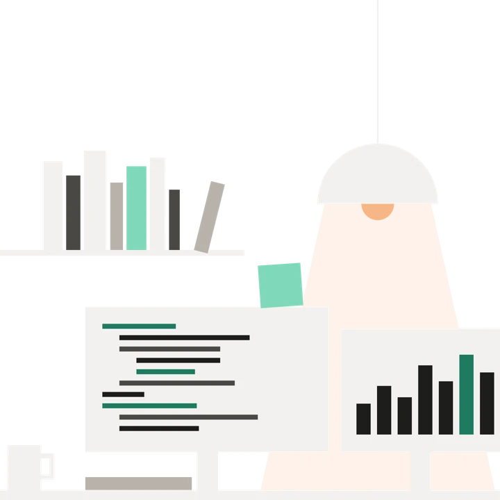 Geometric drawing of a desk at night: a shelf of books, a hanging lamp, code on one monitor and a bar chart on another, a mug, a notebook and a sticky note.