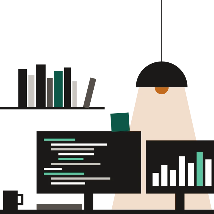 Geometric drawing of a desk at night: a shelf of books, a hanging lamp, code on one monitor and a bar chart on another, a mug, a notebook and a sticky note.