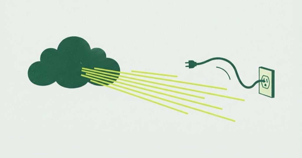 Risograph illustration of a cloud blowing a gust of wind that pulls a power plug out of a wall socket
