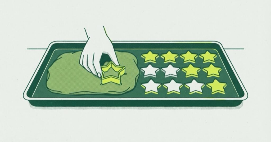 Risograph illustration of a hand pressing a star cookie cutter into dough beside rows of identical star cookies