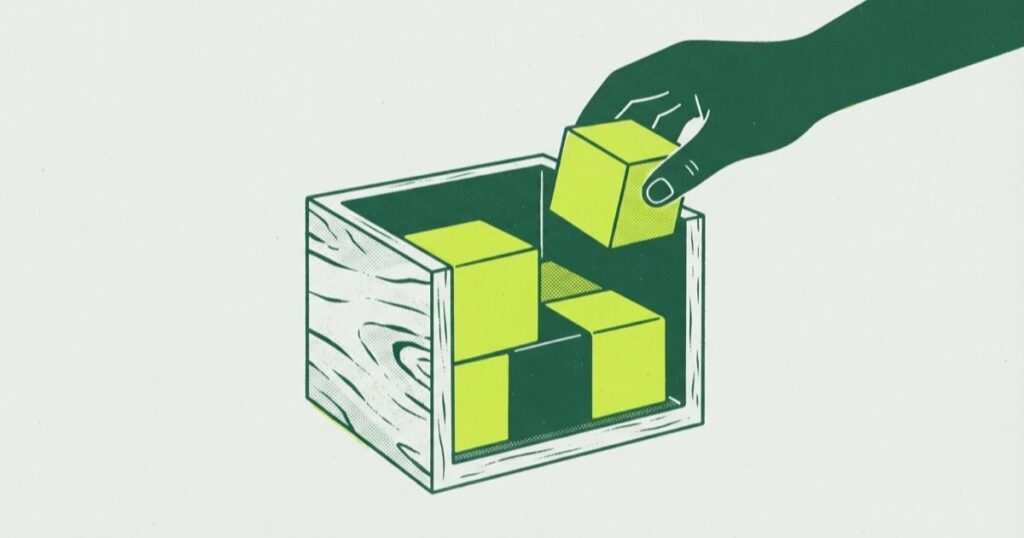 Risograph illustration of a hand placing a small block into a wooden box already holding smaller blocks