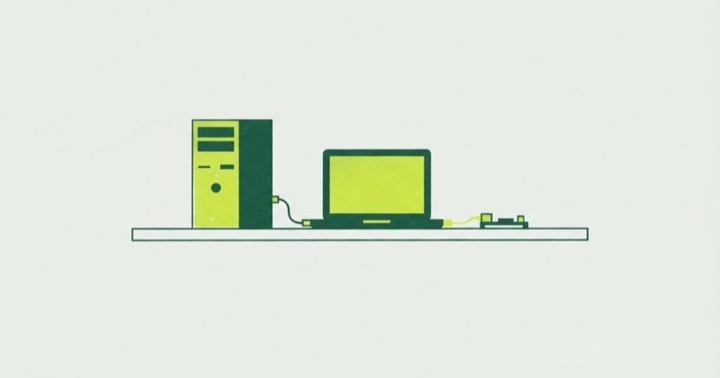 Risograph illustration of a desktop tower, an open laptop and a tiny circuit board cabled together on one shelf