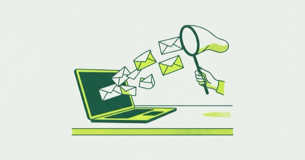 Risograph illustration of envelopes flying out of a laptop screen and being caught in a butterfly net