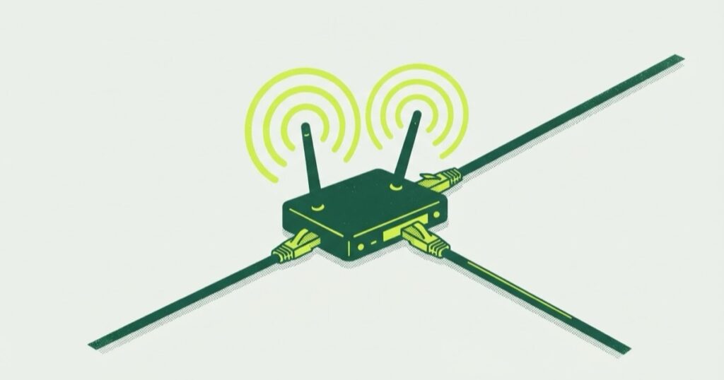 Risograph illustration of a two-antenna router sending out radio waves, with four network cables fanning out in four directions