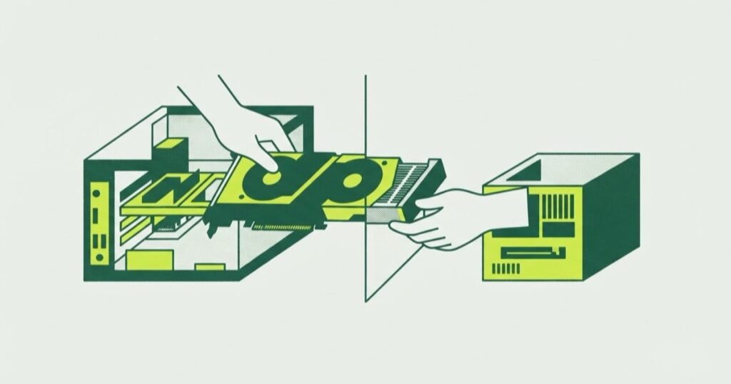Risograph illustration of two hands passing a graphics card out of one computer case into another