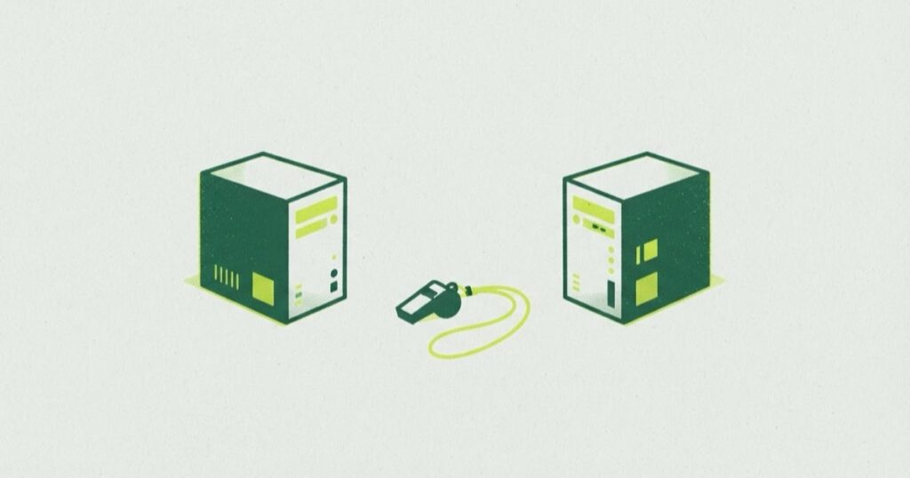 Risograph illustration of two identical server boxes facing each other with a referee whistle lying between them
