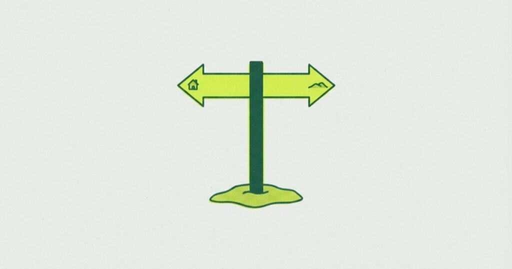 Risograph illustration of a signpost with two arrows pointing opposite ways, one toward a house and one toward distant hills
