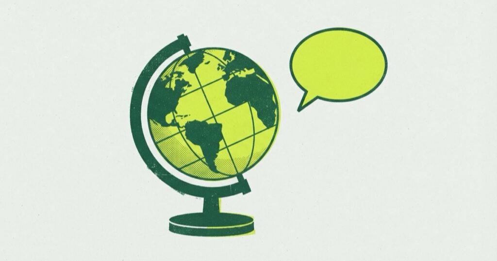 Risograph illustration of a desk globe on a stand beside an empty speech bubble