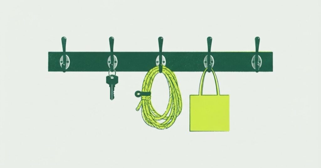 Risograph illustration of a wall rail of five hooks holding a key, a coiled rope and a tote bag, two hooks empty