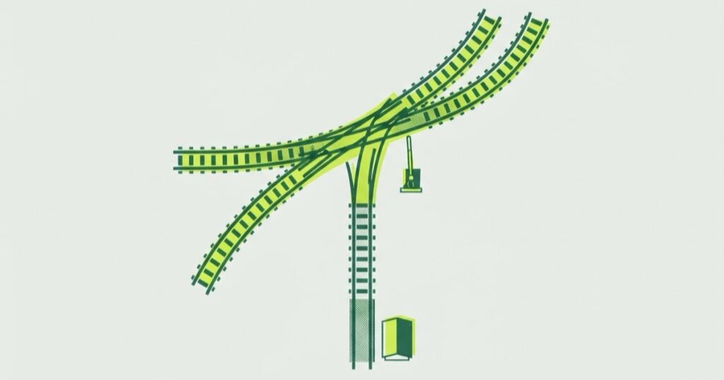 Risograph illustration of curving railway tracks merging through a junction into one track, with a points lever beside it
