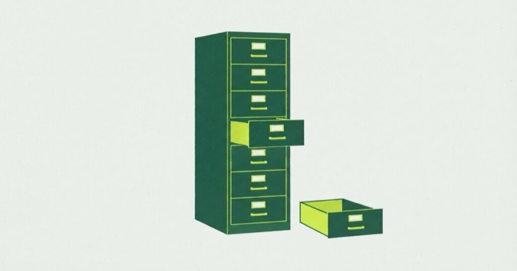 Risograph illustration of a tall filing cabinet with one drawer open and a spare drawer left on the floor beside it